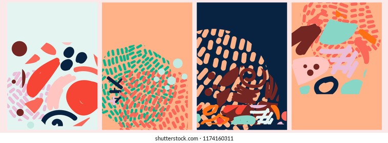 Set of abstract background with brush strokes, template, artistic covers design, colorful texture. Trendy pattern, graphic poster, geometric brochure, card. Vector illustration.