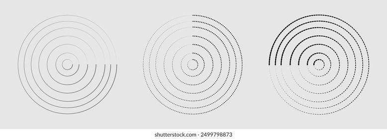 Set of abstract background of concentric ripple circles. Ripple circular shapes. Vector illustration isolated on grey background. Circular lines graphic pattern, dashed line ripples. Eps file 68.