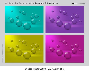 Set of Abstract background with dynamic 3d spheres. Vector illustration of glossy balls. Modern trendy banner design