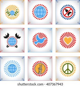 Set of abstract background with graphic peace sign and rays