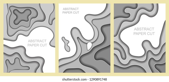Set of abstract background with grey and white paper cut waves. Vector Illustration.