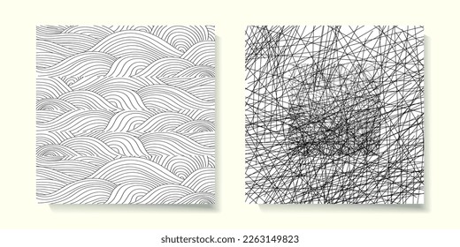 Conjunto de dibujo abstracto de la mano de fondo, arte de línea, contorno, ondas, ilustración vectorial de grunge de patrón.