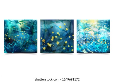 Set Of Abstract Background Illustration With Paint Strokes And Splashes In Blue-Yellow Colors
