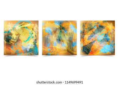 Set Of Abstract Background Illustration With Paint Strokes And Splashes Of Blue-Yellow Colors