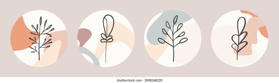 Un conjunto de imágenes de fondo abstractas con formas redondeadas minimalistas en colores mudos y una rama con hojas o un árbol. Ilustración vectorial para impresión, Internet, postal, afiche, interior, textil