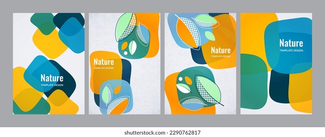 Set. Abstract background with leaves and geometric shapes. Eco banner in flat style. Modern design for paper, cover, fabric, interior decor and other users. Vector illustration