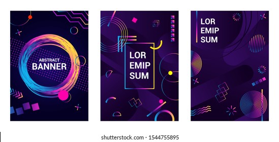 Set Abstract background in modern futuristic style for cover or poster. Banner with chaotic rainbow shapes. Geometrical figure on dark blue background.