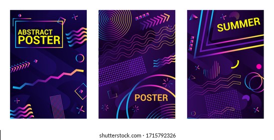 Set Abstract background in modern futuristic style for cover or poster. Banner with chaotic rainbow shapes. Geometrical figure on dark blue background.