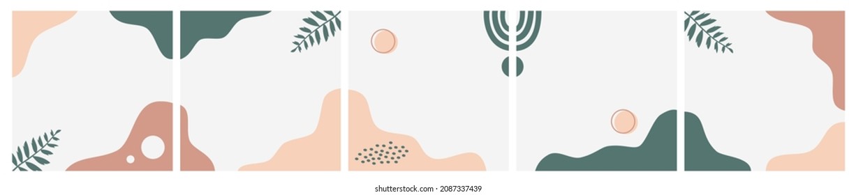 Set of abstract background on pastel color for social media post, feed, carousel template, promotion, frame, banner, flyer. Trendy modern organic shapes with copy space text.