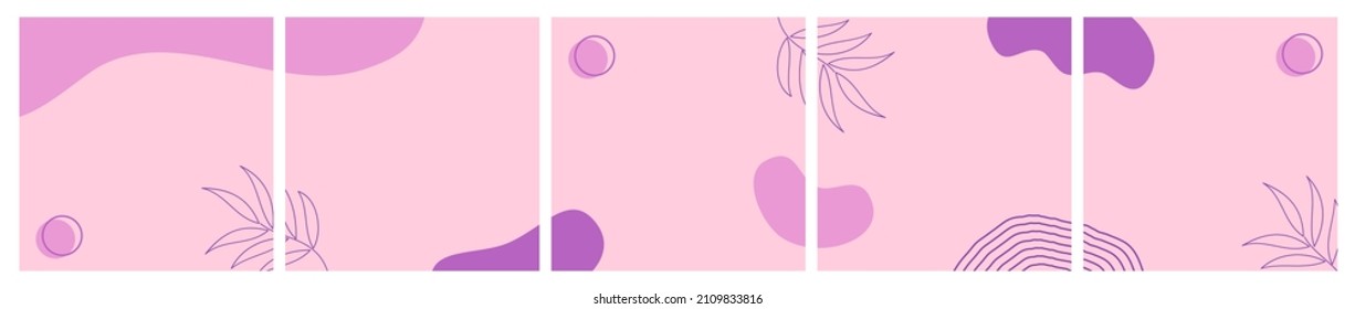 Set of abstract background on violet color for social media post, feed, carousel template, promotion, frame, banner, flyer. Trendy modern organic shapes with copy space text.