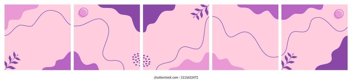 Set of abstract background on violet color for social media post, feed, carousel template, promotion, frame, banner, flyer. Trendy modern organic shapes with copy space text.