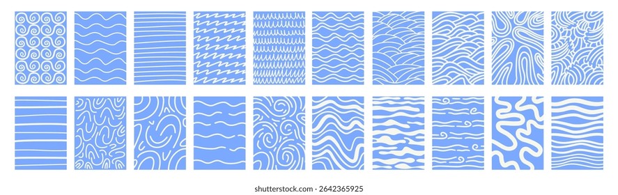 Set of abstract background pattern with waves. Sea pattern in blue and white colors. Wavy and swirled brush strokes liquid background.