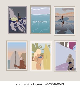 Set Of Abstract Background Sea Water Horizon Girls Surf Fashion Beach Summer Trendy Illustrations Posters Background Wallpaper Vector Design
