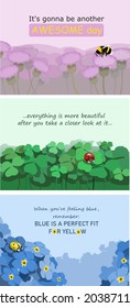 set of abstract background with space for text, bright decoration of banners, covers and templates with insects and plants
