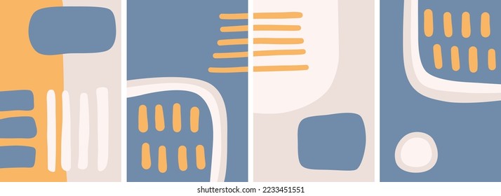 Legen Sie eine abstrakte Hintergrundvorlage fest. Handgezeichnet verschiedene Formen und Doodles. Cover, Einladung, Banner, Poster, Broschüre, Plakat, Postkarte, Flyer, Wanddekoration. Moderne Vektorgrafik