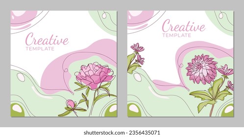 Set of abstract background templates with chrysanthemums and peones. One line art slyle. Flower botanical illustrations. Vector templates for design greeting card, cover, brochure, invitation.