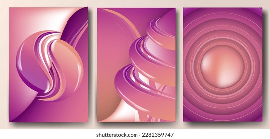 Set of abstract background templates with lilac volumetric shapes