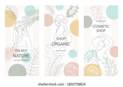 Set of abstract background with tropical leaves,shapes and girl portrait in line style.Vector illustration.