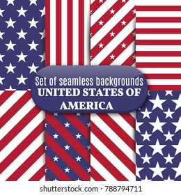 Set of abstract backgrounds in american colors. Seamless pattern with traditional symbols, vector illustration.