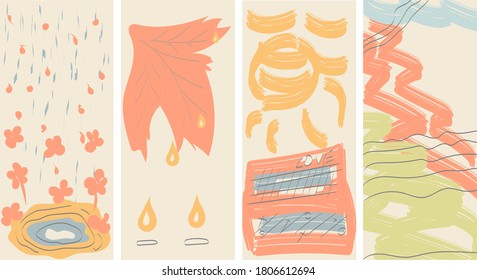Set of abstract backgrounds autumn motives. Hand drawn Doodle different shapes, leaves, flowers, the sun, blemishes,clouds, and drops. Modern trendy vector illustration. Each background is isolated. P
