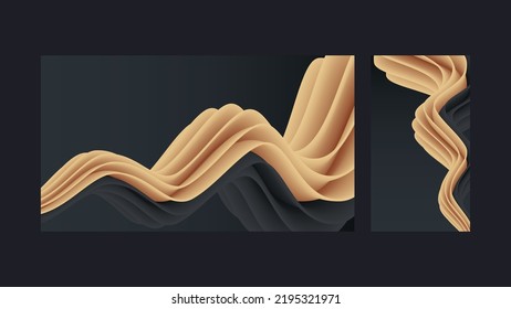 Set of abstract backgrounds. Black background, beige gray wave art line. Banner template