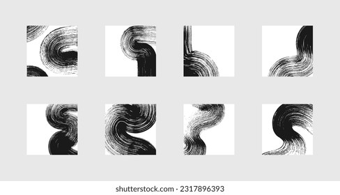 Conjunto de fondos abstractos. Marcas negras de tinta, trazos de pincel, patrones.