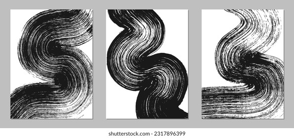 Set of abstract backgrounds. Black ink brush strokes, patterns, posters, cover.