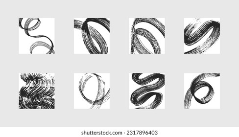 Set of abstract backgrounds. Black ink marks, brush strokes, patterns.