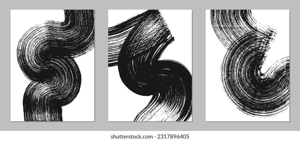 Set of abstract backgrounds. Black ink brush strokes, patterns, posters, cover.