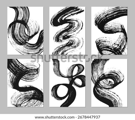 Set of abstract backgrounds. Black ink brush strokes, patterns, posters, cover.