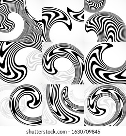 Set of abstract backgrounds with black and white striped, futuristic waves. Vector Illustration