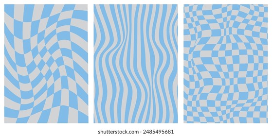 Set von abstrakten Hintergründen in blauen Tönen. Verzerrte Quadrate, verzerrtes Schachbrett, vertikale gewellte Streifen.