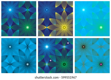 Set of abstract backgrounds of blue, yellow and green flowers made out of simple shapes. Vector