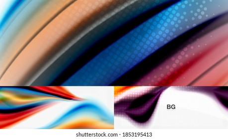 Set of abstract backgrounds. Blur waves, rainbow colored style lines. Vector illustrations for covers, banners, flyers and posters and other