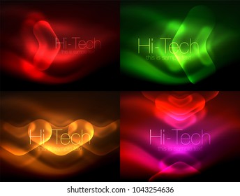 Conjunto de fondos abstractos. Flechas borrosas en el espacio oscuro. Pentadores de neón, diseño brillante de vidrio, fondo tecno abstracto, banner web, ilustración vectorial