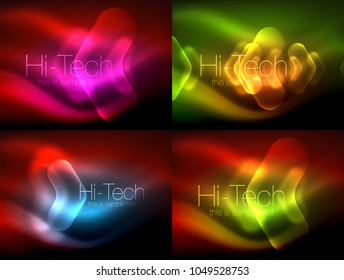 Set of abstract backgrounds. Blurred arrows in dark space. Neon pointers, glass glossy design, abstract techno background, web banner, vector illustration