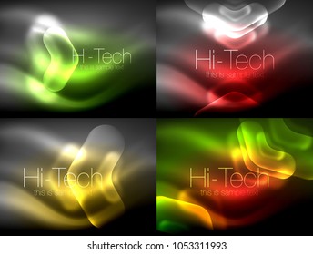 Set of abstract backgrounds. Blurred arrows in dark space. Neon pointers, glass glossy design, abstract techno background, web banner, vector illustration