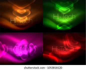 Set of abstract backgrounds. Blurred arrows in dark space. Neon pointers, glass glossy design, abstract techno background, web banner, vector illustration