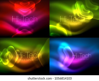 Set of abstract backgrounds. Blurred arrows in dark space. Neon pointers, glass glossy design, abstract techno background, web banner, vector illustration