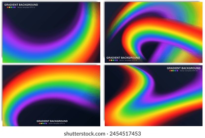 Set of abstract backgrounds with blurred bright spectrum gradient. Vibrant fluid wallpapers with multicolored rainbow curves. Template of dark blue backdrop cover, web banner with vivid colorful lines