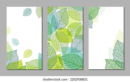 Set of abstract backgrounds. Botanical art. Floral vector templates with autumn leaves. Plant print for holiday stories, greeting cards, banners. Natural trendy web-design. 