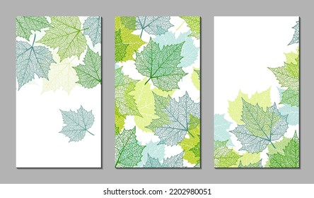Set of abstract backgrounds. Botanical art. Floral vector templates with autumn leaves. Plant print for holiday stories, greeting cards, banners. Natural trendy web-design. 