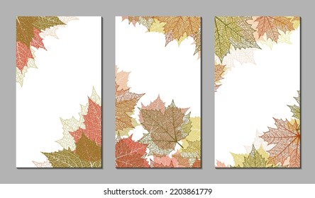 Set of abstract backgrounds. Botanical art. Floral vector templates with autumn leaves. Plant print for holiday stories, greeting cards, banners. Natural trendy web-design