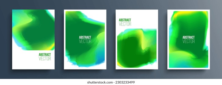 Set of abstract backgrounds with bright green color gradients for creative graphic design. Covers templates with fluid dynamic shapes. Vector illustration.