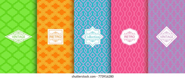 Set Of Abstract Backgrounds In Bright Retro Colours With Seamless Moroccan Patterns. Seamless Abstract Pattern In Arabic Style. Template Greeting Card, Invitation And Advertising Banner, Brochure