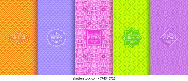 Set of abstract backgrounds in bright retro colours with seamless textured patterns. Seamless abstract pattern in Japanese style. Template greeting card, invitation and advertising banner, brochure