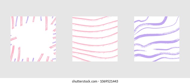 Set of abstract backgrounds with brush lines decoration. Square cover for graphic design. Vector illustration.