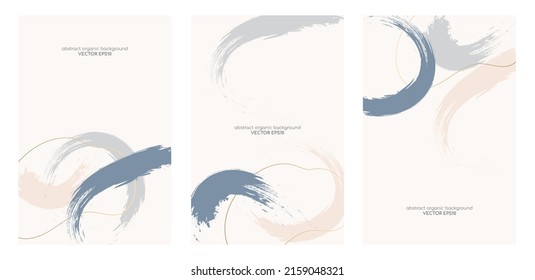 Set of abstract backgrounds with brush stroke in pastel earth tone colors and gold line. Minimal modern design template with space for text. Vector illustration.