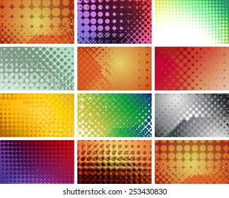 Set of abstract backgrounds and business cards with halftone effect.