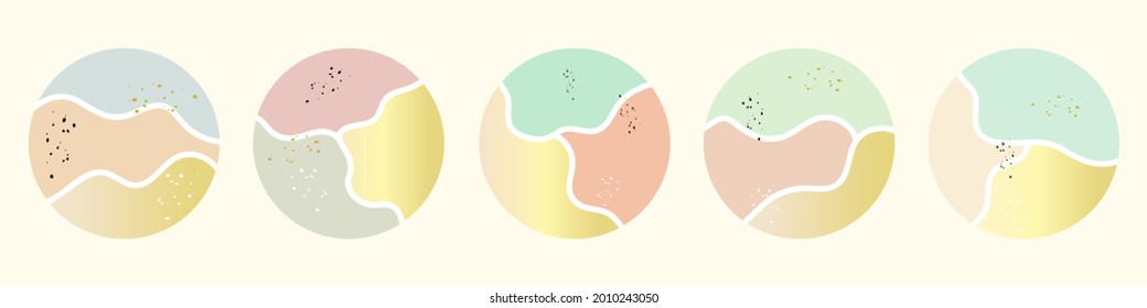 Set of abstract backgrounds of circle shapes. Icons with shapes, gold gradients, splashes, trendy social media design style. Vector illustration isolated